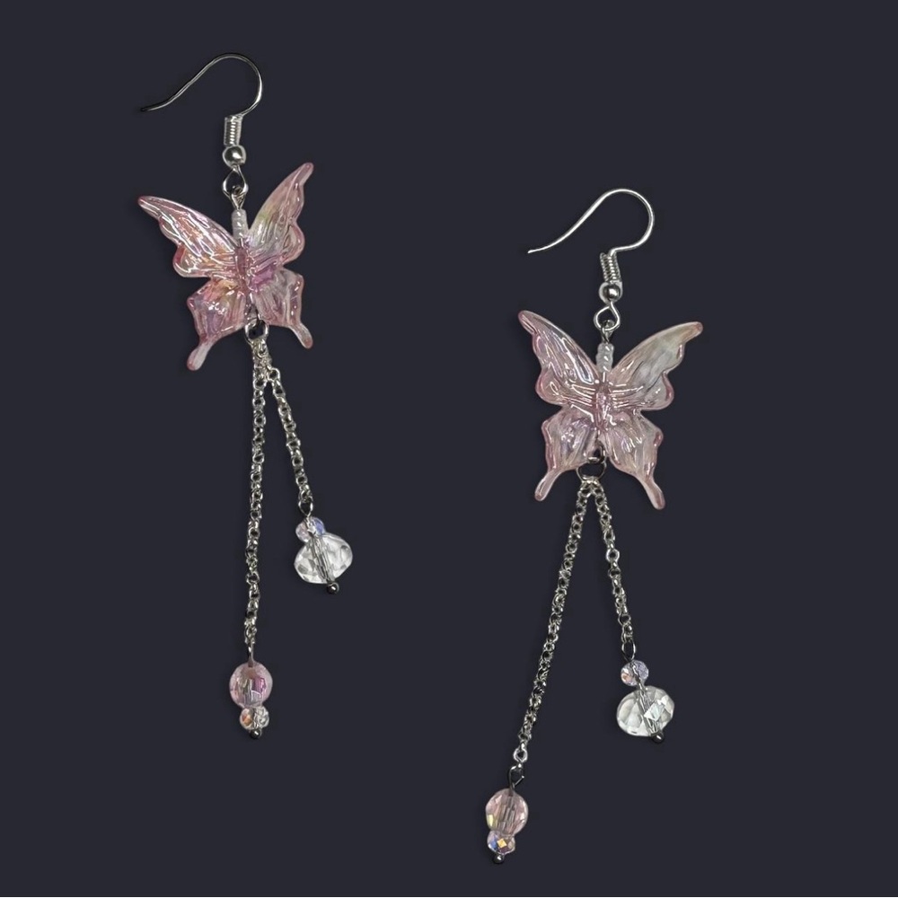 Handmade Elegant Butterfly Dangle Earrings in Pink and Silver